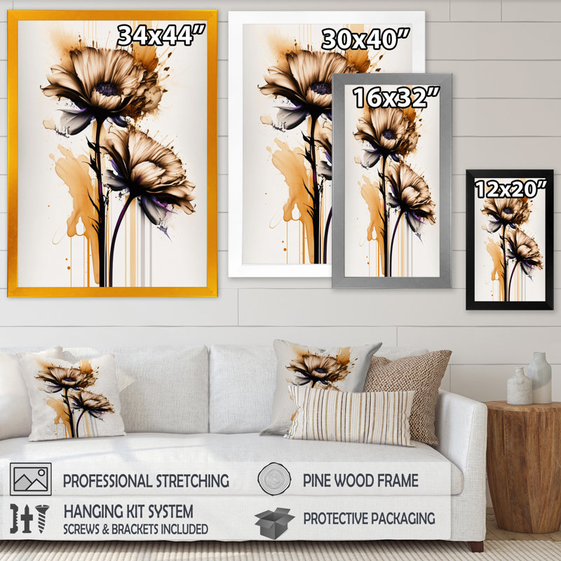 Gerbera orange sur fond abstrait I - Peinture sur toile, H 32 po x l 24 po x P 1 po, Cadre photo doré