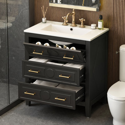 Meuble-lavabo de 30 po avec lavabo en céramique - Ensemble de meuble-lavabo simple autoportant avec 3 tiroirs, structure en bois massif - Finition gris rétro, détails sculptés - Pré-percé pour robinet de 4 po, Poignées en métal - Rangement peu encombrant pour les petites salles de bain