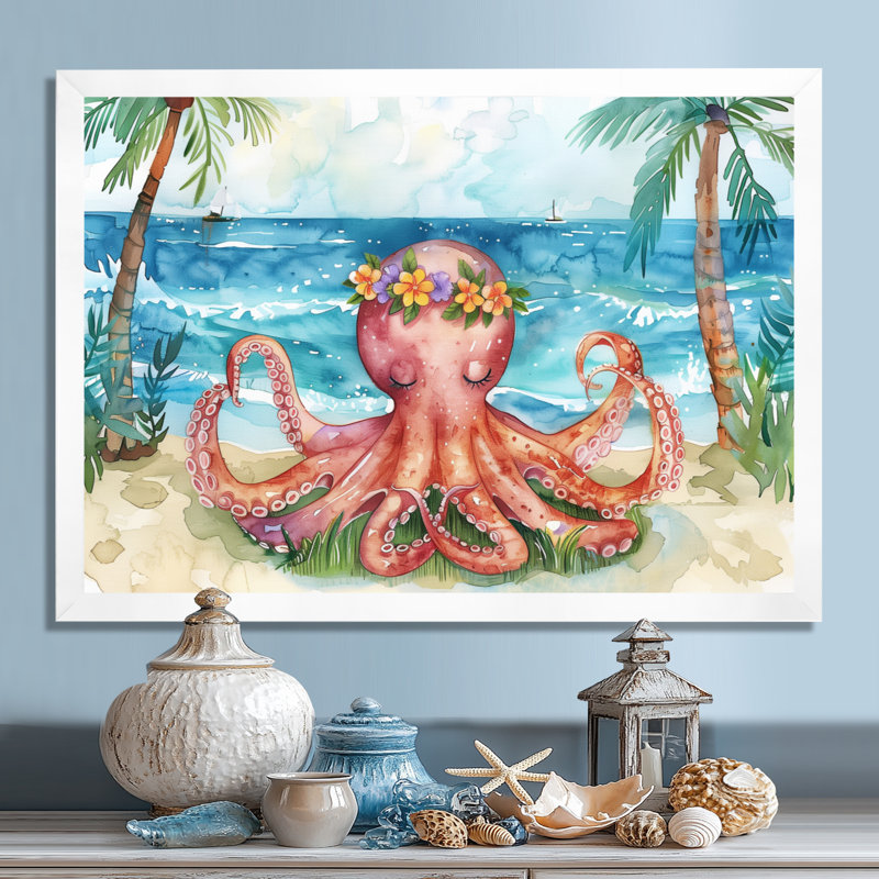 Pieuvre méditant sur la plage à Hawaï - Pieuvre / calmar, art mural, salon, Toile encadrée blanche avec une seule photo