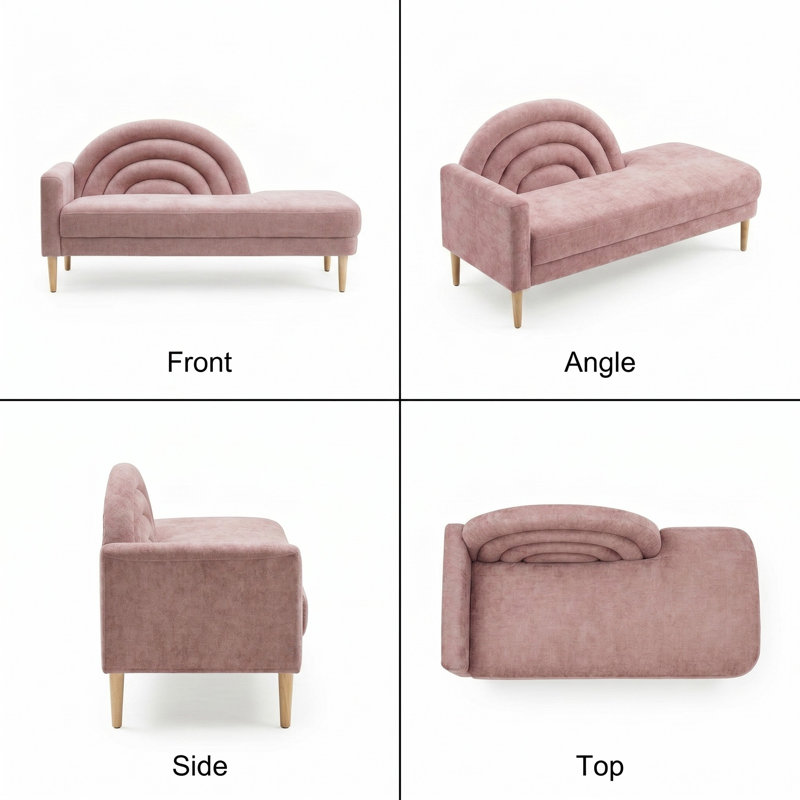 Modern Rainbow-Inspired Curved Backrest Chaise Lounge with Tapered Wood Legs, Pink Linen, Pink