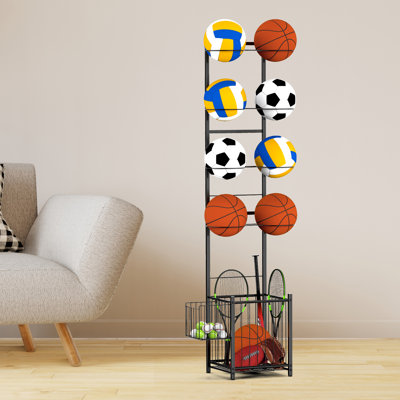 Rangement pour 8 balles de sport autoportantes en métal noir avec panier inférieur pour ballons de basketball, ballons de soccer et équipement