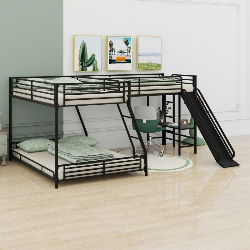 L-Shaped Bunk Bed With Loft Bed,Built-In Desk And Slide