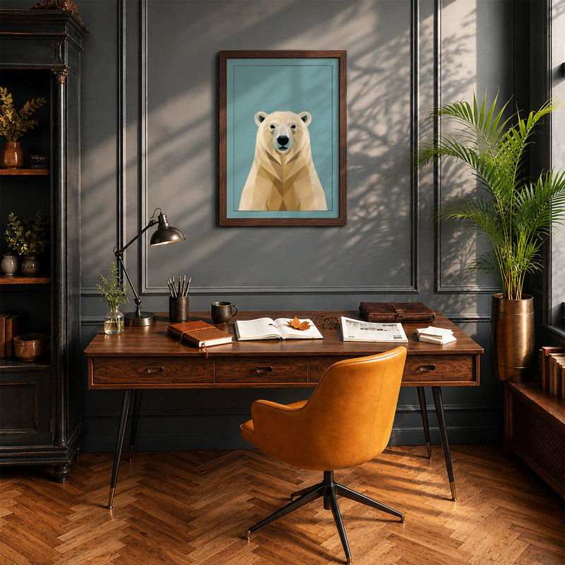 Polar Bear Geometric - Framed Print, A2 - 59.4 x 42.0 cm, Walnut