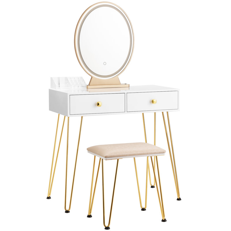 Batey Dressing Table with Mirror, White/Gold