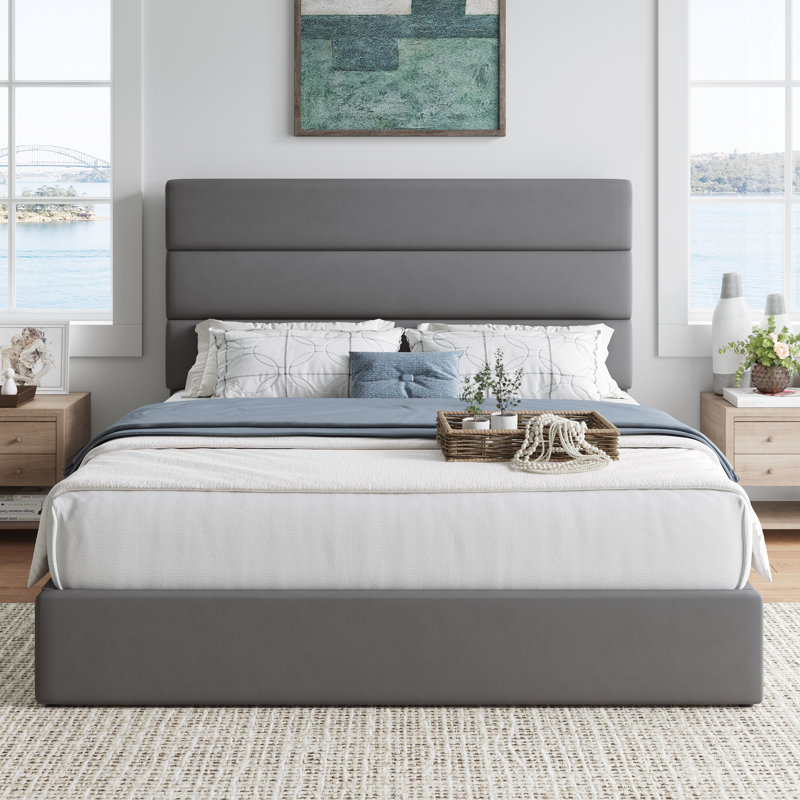 Upholstered Platform Bed Frame with Storage, Queen, Gray