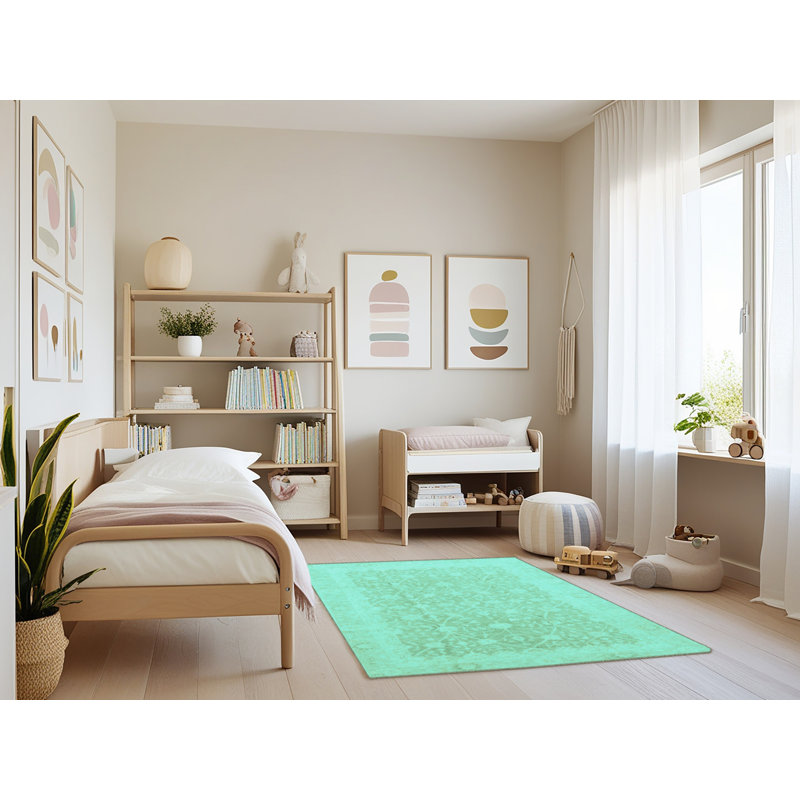 Tapis oriental oriental tissé à la machine en turquoise, Rectangle 4 pi x 6 pi