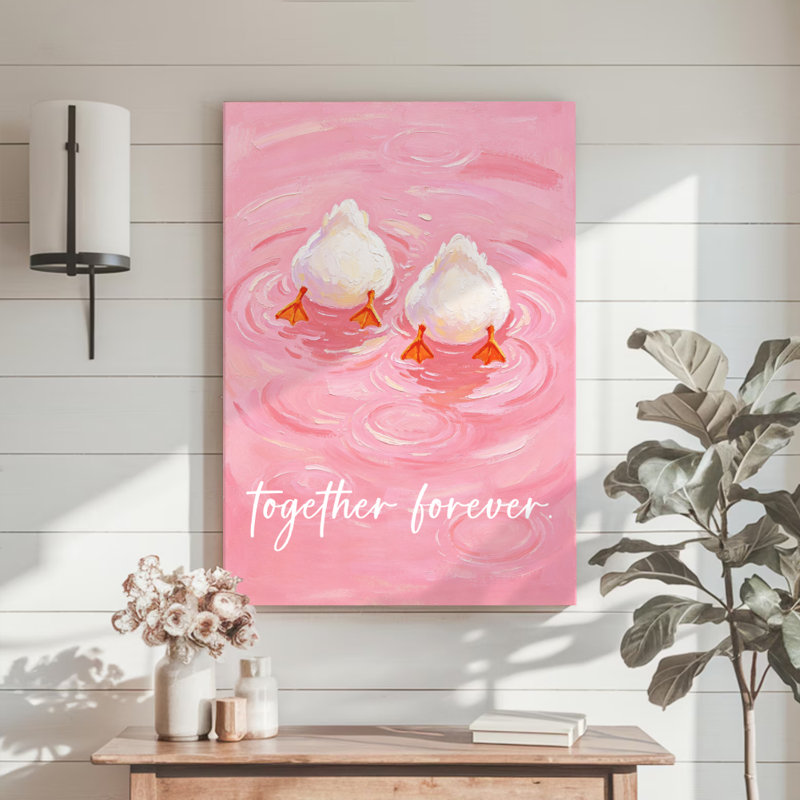 Tableau impressionniste à l'huile sur toile « Deux canards sur l'eau », 61 x 91 cm, monté sur châssis, rose et bleu, pour une décoration murale idéale dans une chambre, un salon ou une salle de bain.