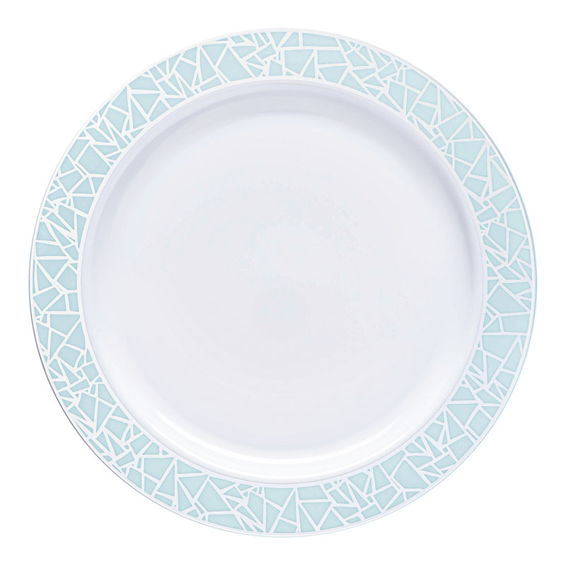 White with Turquoise Blue and Silver Mosaic Rim Round Plastic Dinner Plates (10.25")