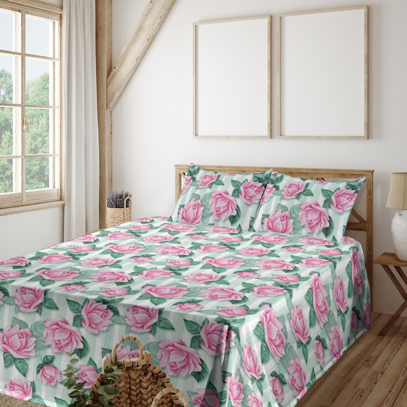 Ambesonne Watercolor Botany Sheet Set 4 Pcs Retro Boho Bloom, Pastel Pink Jade Green Floral