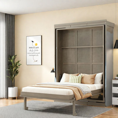 Grand lit escamotable peu encombrant, bois MDF gris, style moderne pour les petits bureaux à domicile