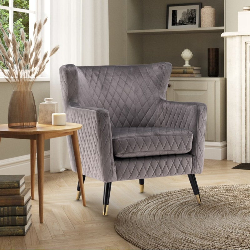 Ghita Quilted Accent Velvet Wingback Chair, Light Grey
