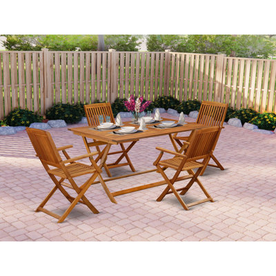 Ensemble de salle à manger d'extérieur 5 pièces comprenant une table rectangulaire en bois d'acacia et 4 chaises pliantes à accoudoirs, huile naturelle