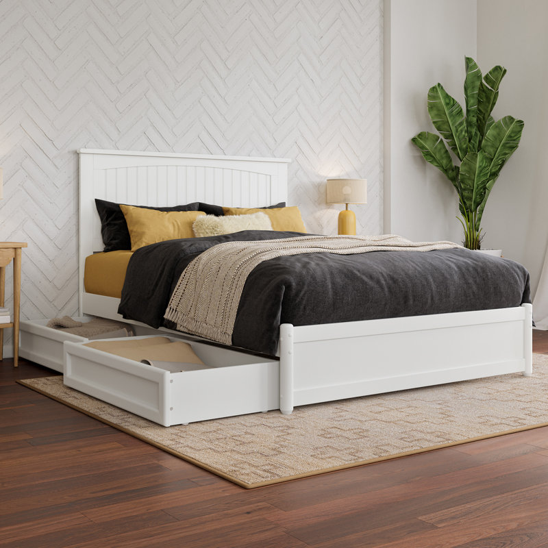 Lamaiyah Solid Wood Platform Bed with Footboard and Storage Drawers, Full, White