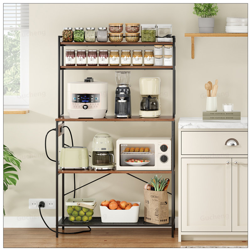 Grand support de boulanger à 5 niveaux avec prises électriques, support pour micro-ondes et bar à café, rangement de cuisine