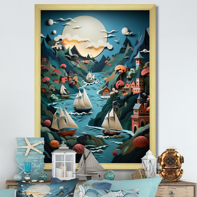 Port Port Hues Papercut II - Impressions sur toile nautiques et de plage, Encadrement doré, H 32 po x l 24 po x P 1 po
