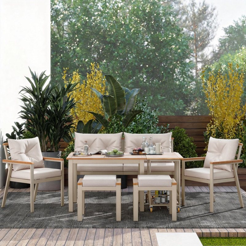 6 - Person Patio Dining Set with Rectangular Table, Beige, Beige
