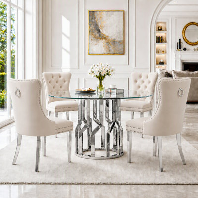 47.2" Round Glass Dining Table Set for 4, 5-Pieces Round Dining Table set, 0.31" Clear Tempered Glass Dining Table set for Kitchen, Dining Room, Apartment