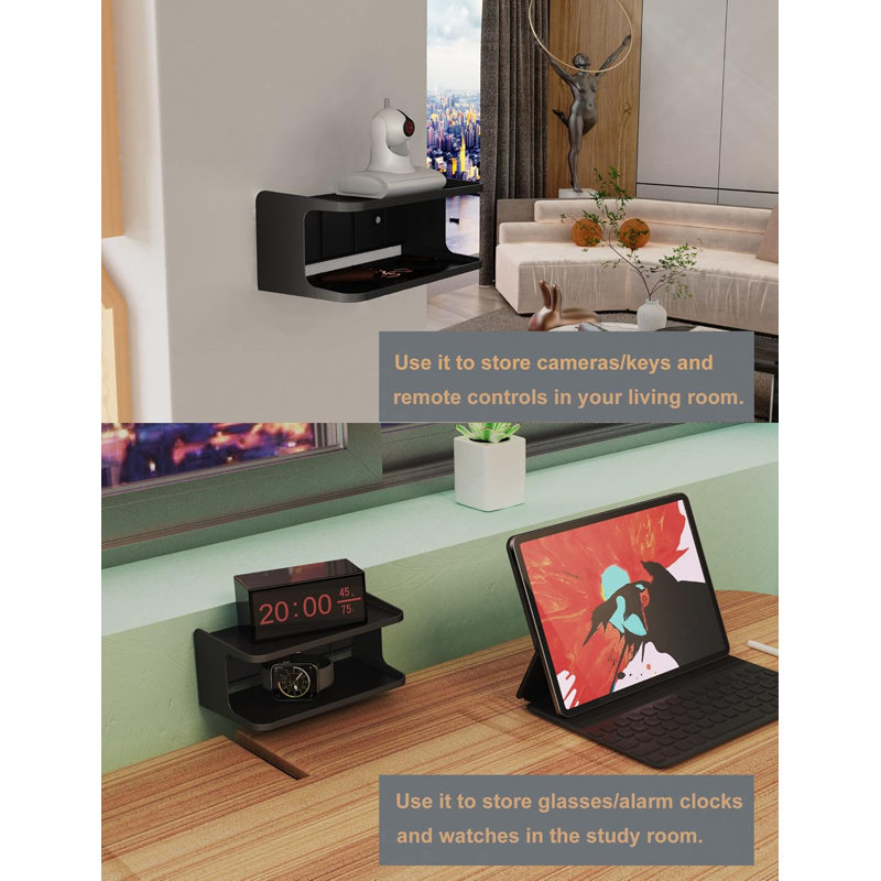 Universal Stick-On Wall Shelf Double Tray Holder for Bed to Store Cell Phones, Remote Controls (Black)