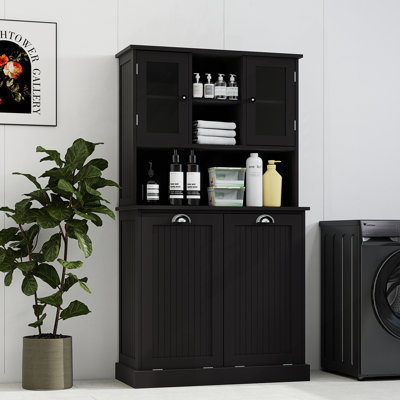Armoire de salle de bain inclinable à deux compartiments avec panier à linge haut et 2 tablettes réglables