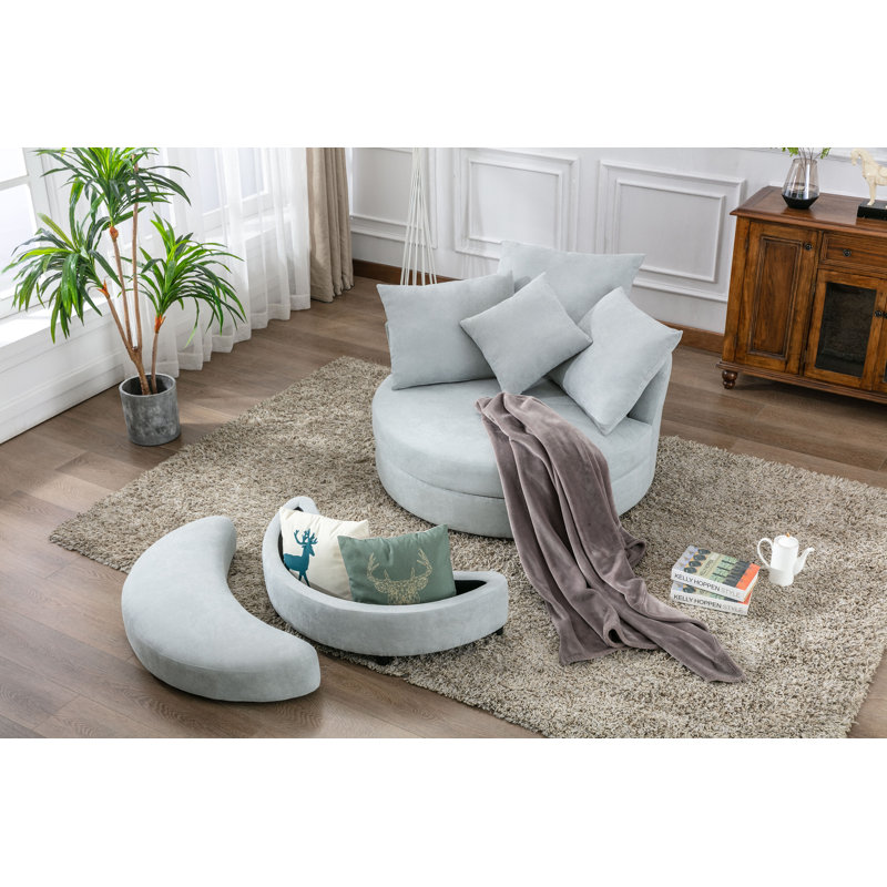 Edene 360° Swivel Accent Barrel Chair,bedroom chair with Storage Ottoman & 4 Pillows, Beacon Gray 100% Linen