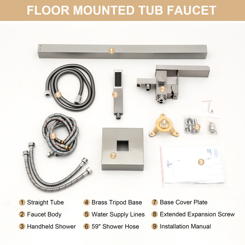 Freestanding Waterfall Bathroom Faucet, 360 Swivel Spout And Hand Shower, Dual Temperature, Brushed Nickel Brass Faucet With Tub Detachable Handheld, Rotatable, Temperature Control,