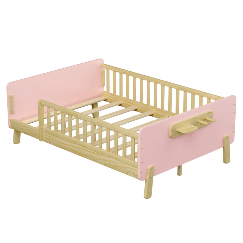 Lit d'enfant standard, lit plateforme en bois avec tête et pied de lit, rose