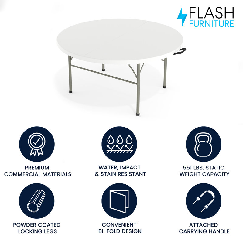 Granite White 60'' Round Bi-Fold Table with Metal Frame and Handle
