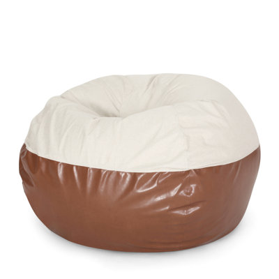 Fauteuil à billes deux couleurs - beige et café. 52 pouces de profondeur et de largeur. Cosy Modern. Housse à fermeture à glissière amovible. Bourre supérieure en mousse de qualité supérieure de couleur brun café. Extérieur en similicuir. Tissu confortable
