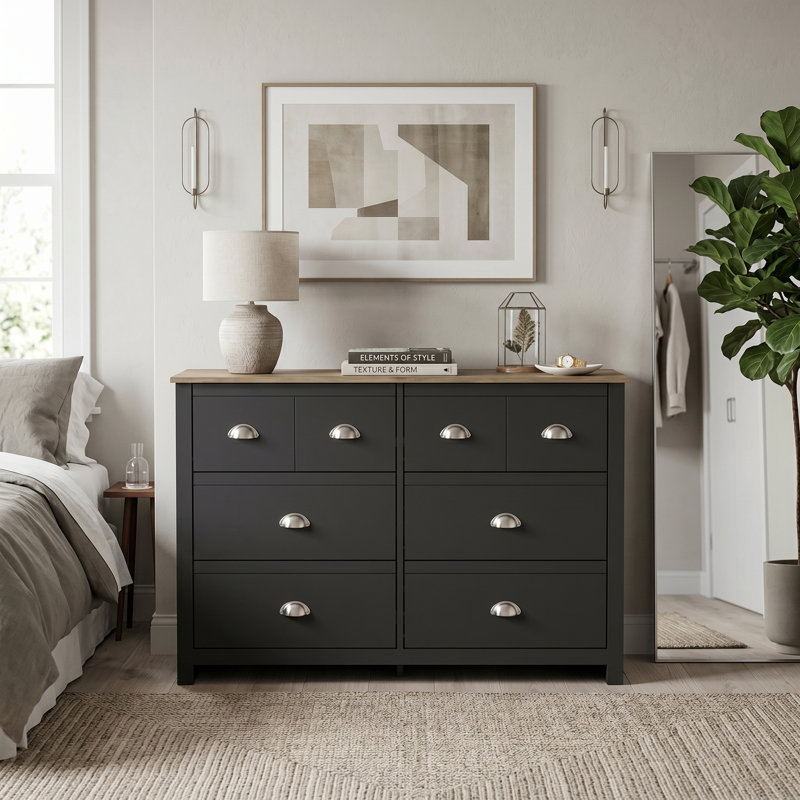 Bhure 46.1" W 6-Drawer Wood Double Dresser, Black/Knotty Oak
