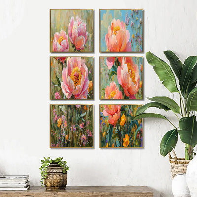 Pivoines dans un champ de fleurs sauvages - ensemble de 6 impressions murales florales