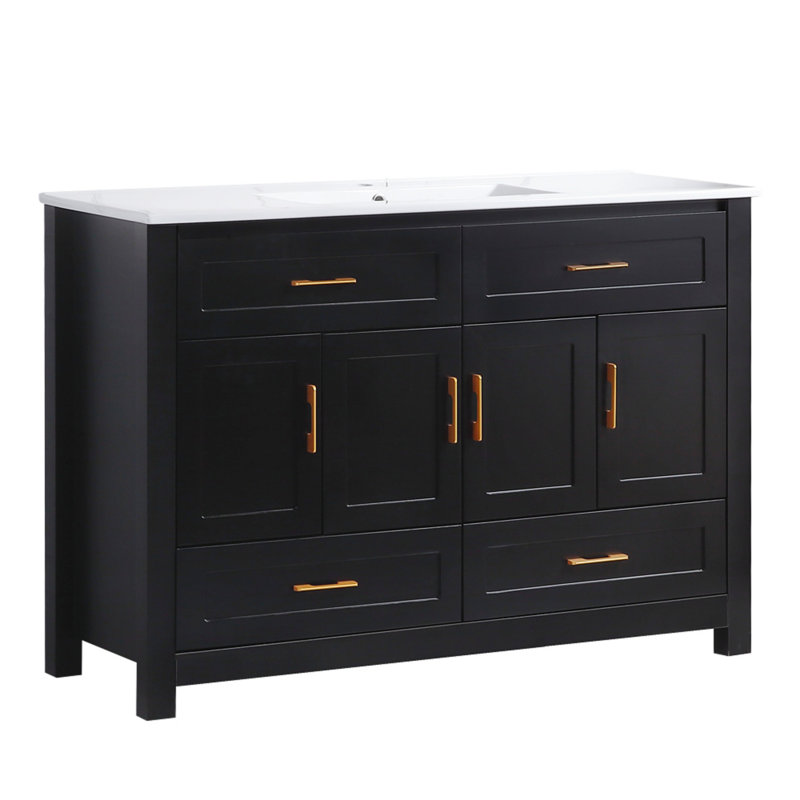 Meuble-lavabo de salle de bain avec lavabo en céramique, armoire de rangement en bois avec tiroirs et portes à fermeture en douceur