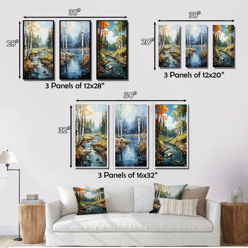 «Birch Woods Serenity Falls», 3 pièces, H 32 po x l 48 po, Toile tendue