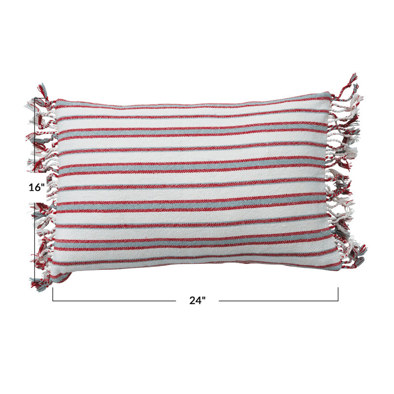Coussin lombaire rayé en coton tissé avec frange tressée