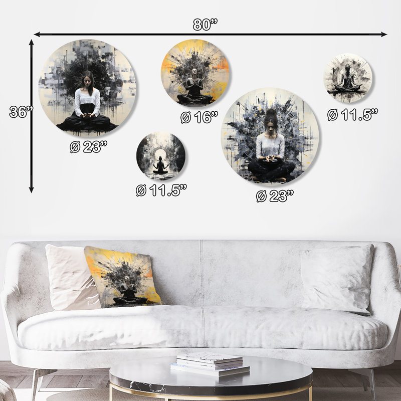 Minimalisme médiation en noir et blanc - ensemble de 5 art mural yoga rond