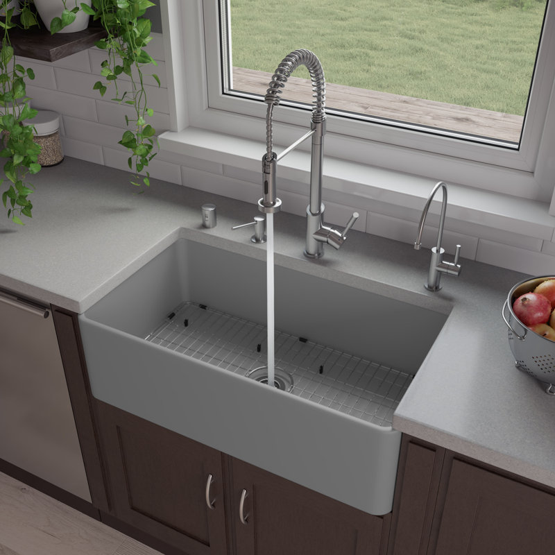 33'' L Single Bowl Fireclay Kitchen Sink, Gray Matte
