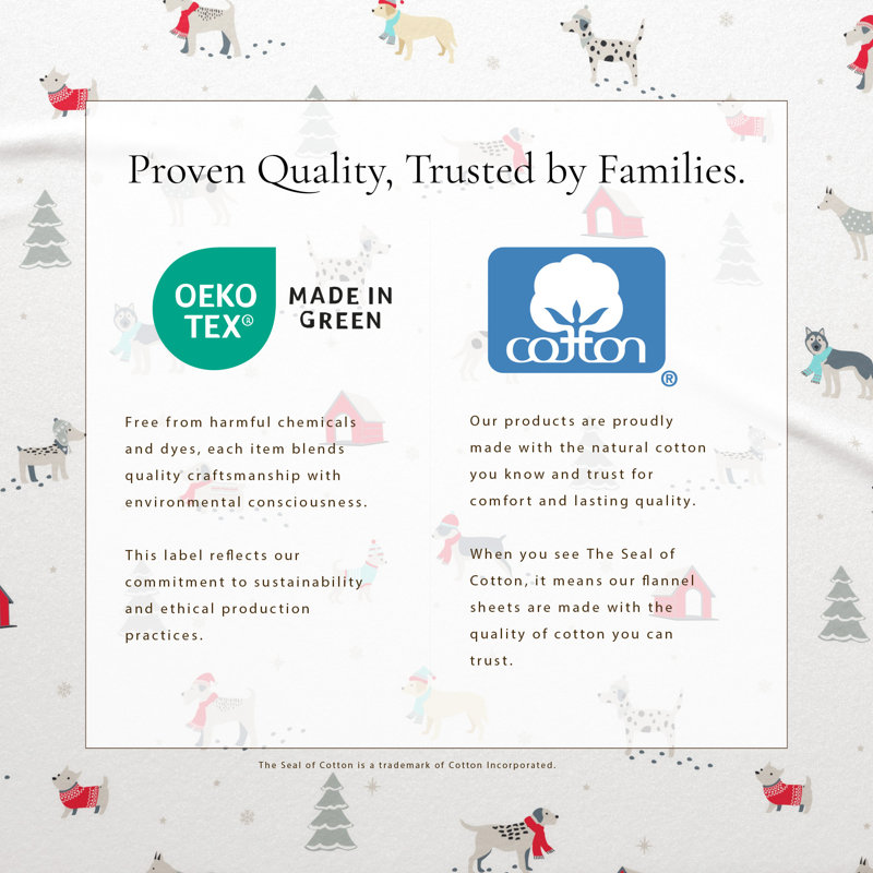 100% Turkish Cotton Flannel Christmas Sheet Sets, Pups in the Snow, California King with 2 Pillowcases