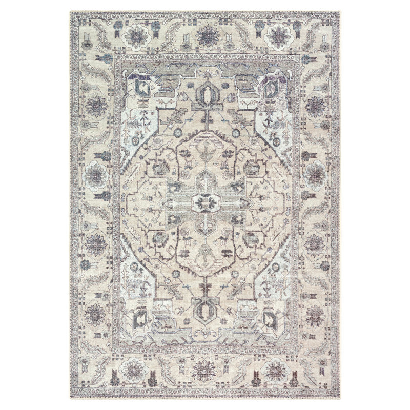 GLN Rugs Traditional Collection - Machine Washable Area Rug, Bohemian Vintage Washable Rug, Non Slip Area Rug, Low Pile Chenille Living Room Rug, Bedroom Rug, Bathroom Rug (Beige and Gray Rug)