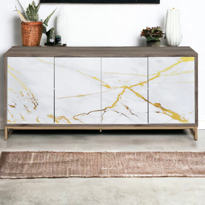 Élégant meuble de rangement en marbre blanc avec fonctionnalité - chêne et champagne