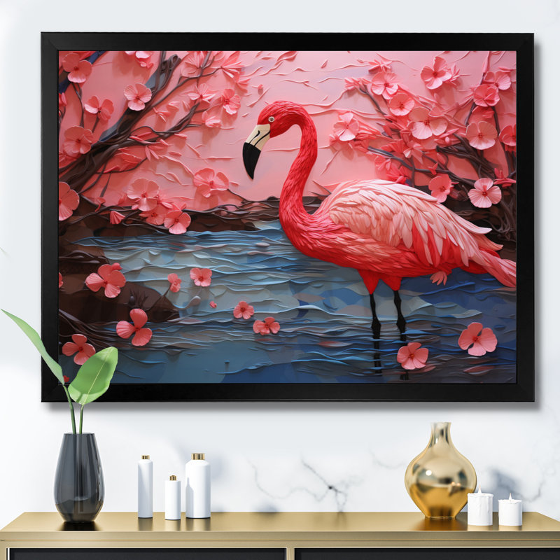 Flamant rose Elegance III - imprimé, H 30 po x l 40 po x P 1,5 po, Cadre simple noir