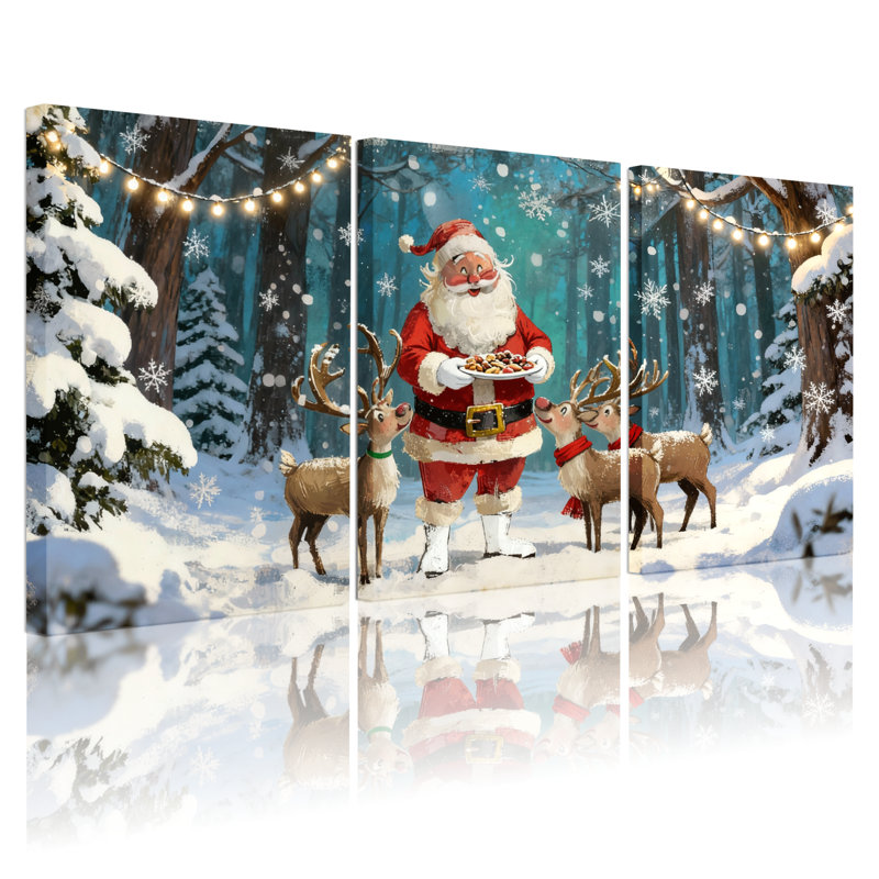 Père Noël de Noël avec renne dans la forêt enneigée, ensemble de 3 impressions sur toile, H 18 po x l 36 po