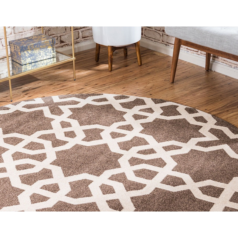 Tapis à motif géométrique brun Theodora, Rond 8 pi