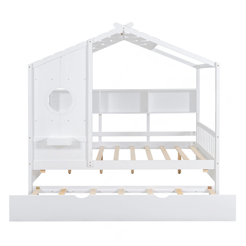 Lit de maison en bois avec lit gigogne, conception moderne pour enfants avec tablette de rangement, Lit double, Blanc
