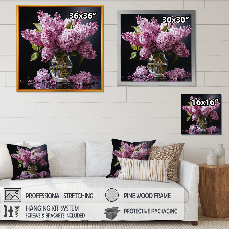 " Elegant Lilac Bouquet Vase ", White Floater Framed, 24" H x 24" W x 1" D