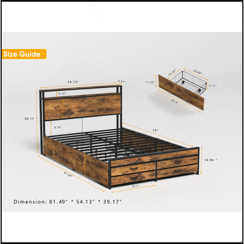 Versatile Metal Bed Frame With Storage And Advanced Features For Optimal Bedroom Setup, Black/Brown, Full