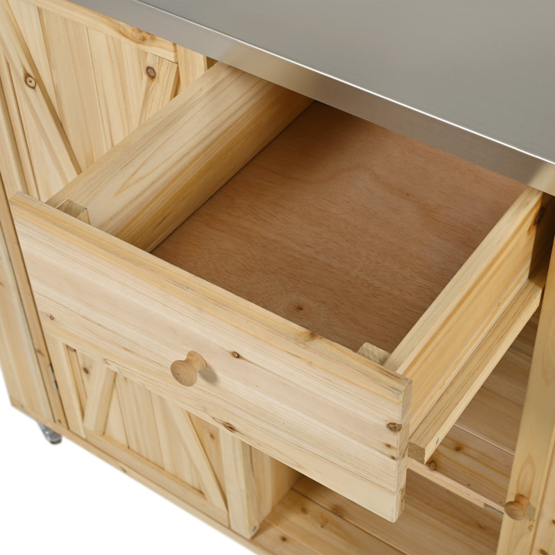 Outdoor Solid Wood Rolling Bar Cart, Storage Cabinet Kitchen Island, Natural