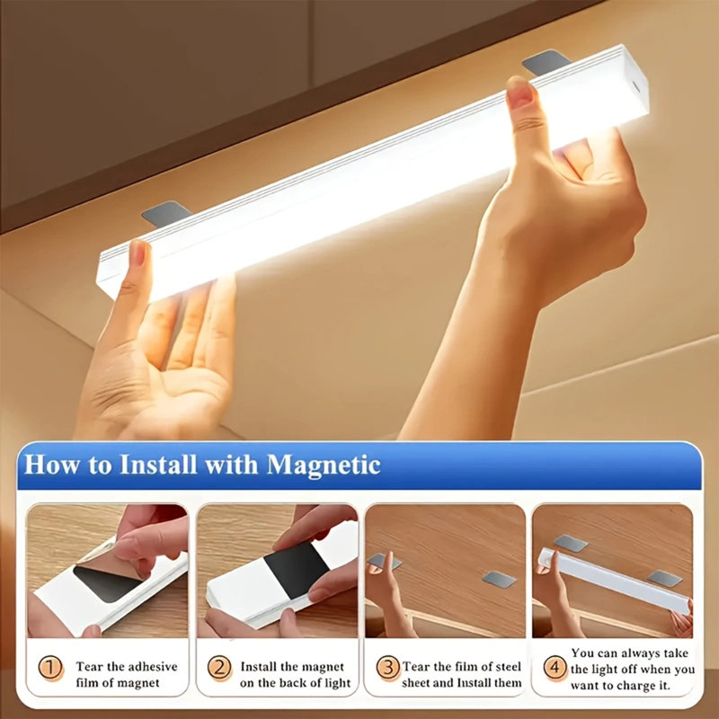 Luminaire à DEL avec capteur de mouvement, paquet de 6 lumières à DEL sous le placard, bande de lumière de nuit rechargeable sans fil USB, éclairage de placard magnétique sous le comptoir à intensité variable de 11,8 pouces pour la cuisine, les es