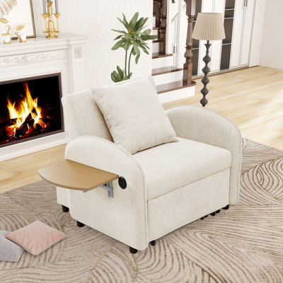 Convertible Single Chair Bed, 3 In 1 Pull-Out Sofa Bed Comes With A Computer Board And USB Ports. It Can Be Used For Both Work And Relaxation For Various Scenarios(Creamy White)