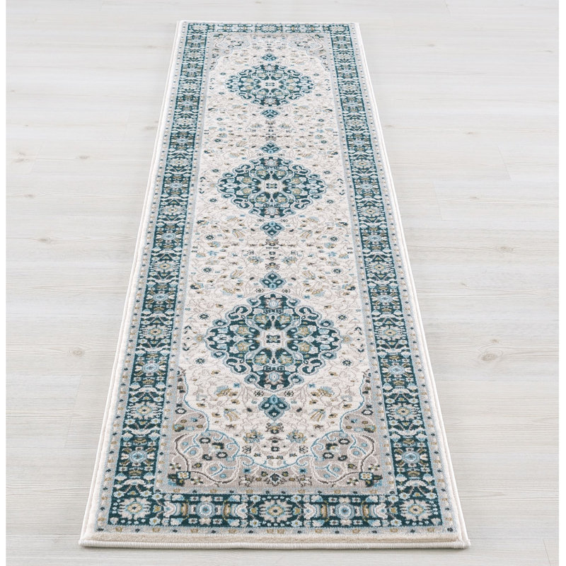 Tapis de couloir médaillon vert ivoire de haute qualité 2 pi x 7 pi
