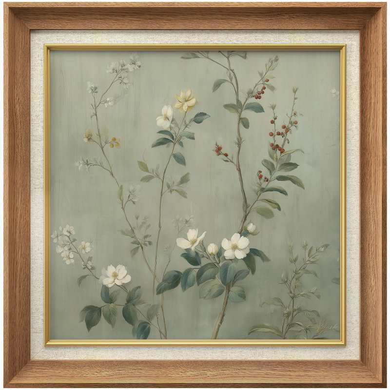 Doux floral vert et branches de baies - impression encadrée sur papier, Cadre naturel de qualité supérieure