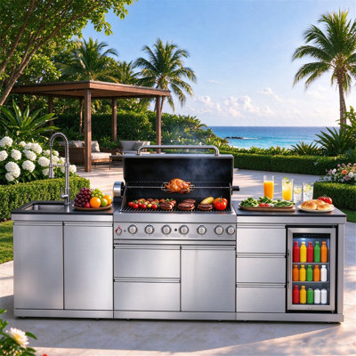 Îlot de cuisine extérieure tout-en-un en acier inoxydable 304 de 113,9 po, barbecue au gaz propane encastré à 7 brûleurs de 83 500 BTU avec rôtissoire, évier intégré d’eau chaude et froide, réfrigérateur à boissons, protection contre l’extinction des flammes pour les réceptions sur la terrasse arrière.